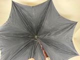 a person holding a black umbrella with a wooden handle