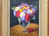 une peinture à l'huile représentant un vase de fleurs sur une table