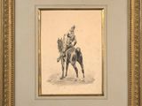 an old picture of a man riding a horse with a hat on