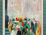 une peinture à l'huile représentant une foule de personnes debout devant une fontaine
