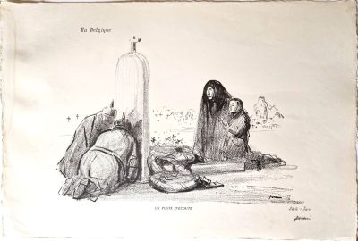 dessin représentant un homme et une femme assis par terre près d'une tombe