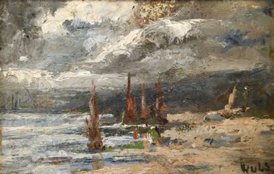 tableau représentant des bateaux sur une plage sous un ciel nuageux