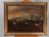 an oil painting of a painting of a military scene on a wooden easel