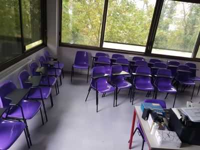 many purple chairs in a room with a large window