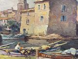 painting of boats docked in a harbor with a church in the background