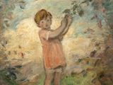 une peinture à l'huile représentant une petite fille tenant une fleur à la main