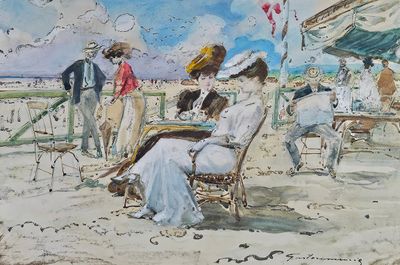 un tableau représentant un groupe de personnes assises sur une plage