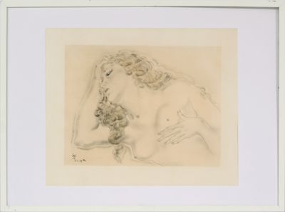 dessin représentant une femme nue de profil, les mains sur la tête
