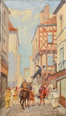 painting of a street scene with a horse and people walking down the street