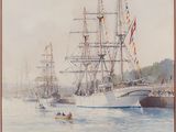 a painting of a group of ships in the water