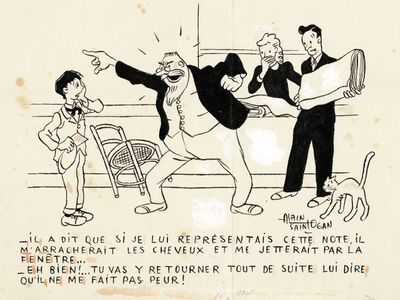 dessin représentant un homme en smoking et une femme en smoking avec un chien