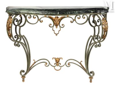 an ornate console table with a marble top and gold accents