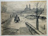 un dessin représentant un couple marchant dans la rue