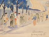 painting of a group of people walking down a street next to trees