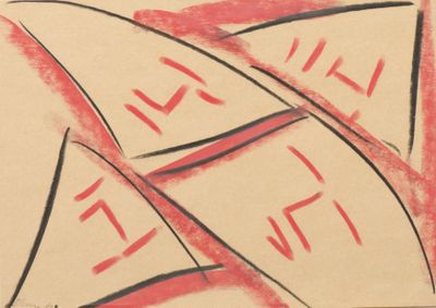 an image of a painting with red and black lines on a beige background