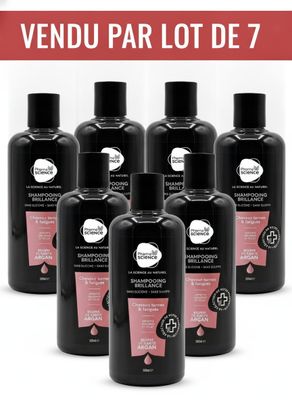 lot de 6 bouteilles de shampoing noir avec une étiquette rouge