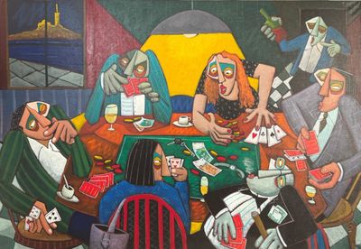 painting of a group of people sitting around a table playing cards