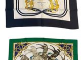 three different types of silk scarves, one with a horse and the other with a dragon