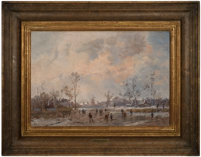 une peinture à l'huile représentant une scène hivernale avec des personnes sur un lac gelé