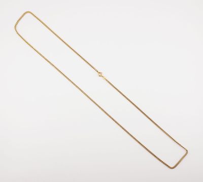 a gold necklace with a long chain on a white background