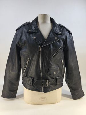 an image of a black leather jacket on a mannequin mannequin