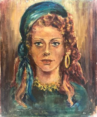 un tableau représentant une femme aux cheveux roux portant un foulard bleu