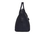 a black leather handbag with a zipper on the front