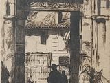 drawing of a man and woman standing in front of a doorway