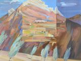 une peinture à l'huile représentant une montagne avec un bâtiment en arrière-plan