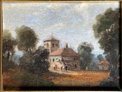 une peinture à l'huile représentant une église dans un cadre champêtre, avec des passants