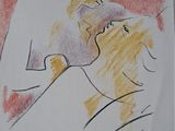 dessin représentant un homme et une femme dans un lit, sur fond rouge