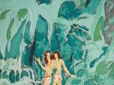 a painting of two women in bathing suits walking through the jungle