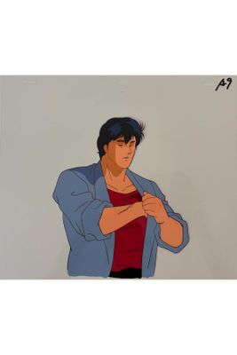 an animation drawing of a man in a red shirt and blue jacket
