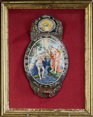 framed picture of a painting of a woman and a man in a landscape