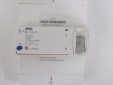 a white electrical device with a blue button on it