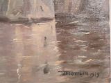 a painting of a boat in the water on the shore