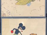 deux images de Mickey Mouse volant dans un avion avec un chien
