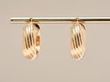 a close up of a pair of gold earrings hanging from a bar