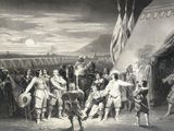 painting of a group of people standing in front of a tent with a flag