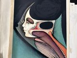 a picture of a picture of a woman with a bird on her head