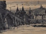 drawing of a bridge over a body of water with a city in the background