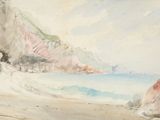a painting of a beach scene with rocks and water