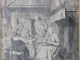 an old drawing of a woman sitting at a table with a cat