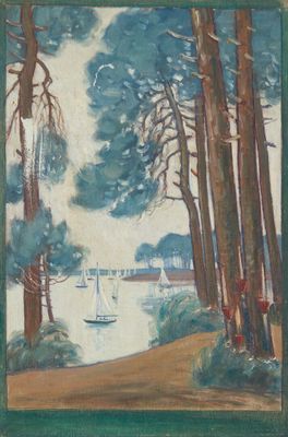tableau représentant un voilier sur un lac entouré d'arbres