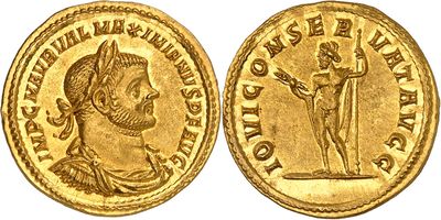 a gold coin with an image of a man holding a sword