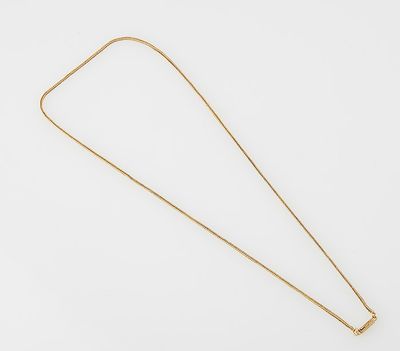 a gold necklace with a long chain that has a small square pendant on it
