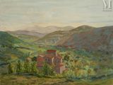 an image of a painting of a small village in the mountains