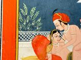 a painting of a man and a woman sitting on the ground
