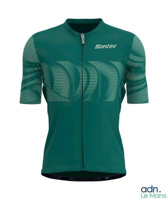 a close up of a green jersey with a white logo on it
