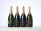 three bottles of champagne lined up against a white background